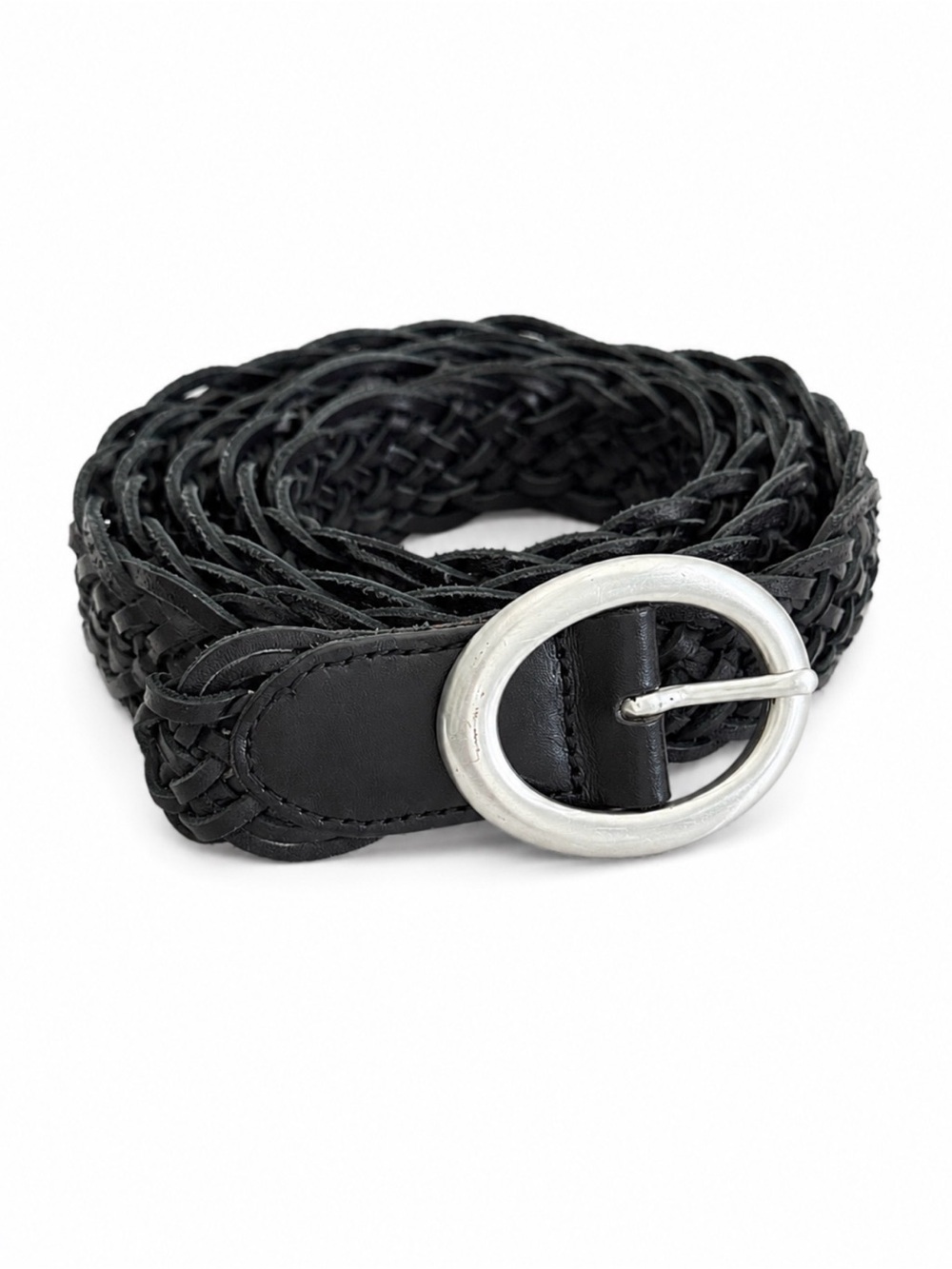 Talbots Black Braided Leather Belt with Silver Oval Buckle